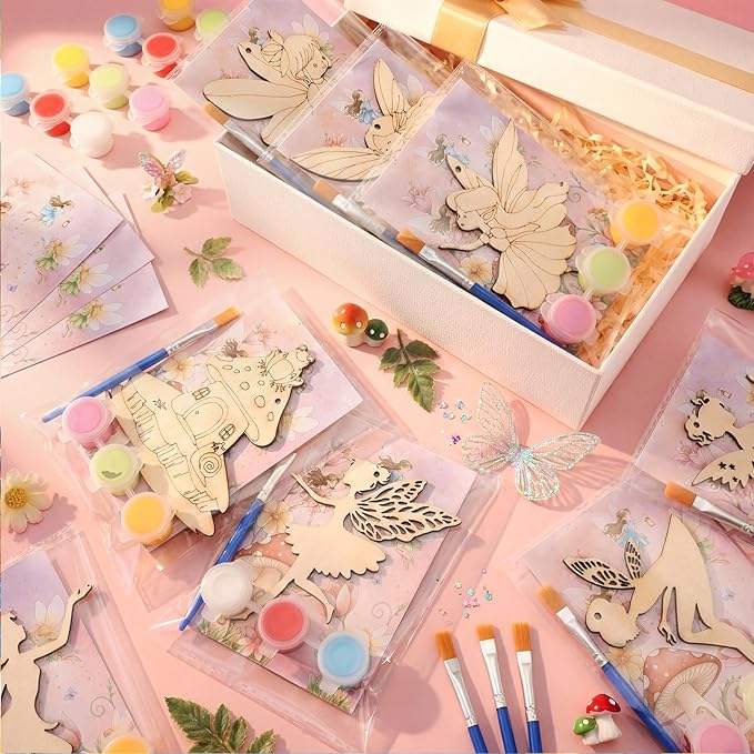 Saypacck 24 Pcs Fairy Party Favors Wooden Painting Craft Kits Birthday Party Supplies with Organza Bag for Goodie Bags Fillers Adult Thank You Gifts