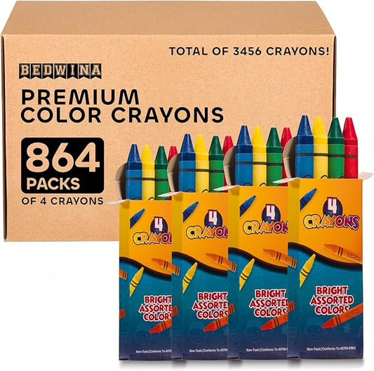 Bedwina Bulk Crayons 3456 PCs, Case of 864 4-Packs, Premium Color Crayons Bulk School Supplies for Kids & Toddler Non-Toxic for Party Favors, Restaurants, Goody Bags Stocking Stuffers