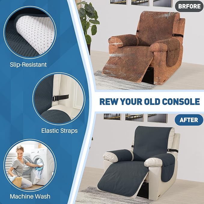 Easehomey Waterproof Recliner Chair Cover, Non-Slip Recliner Cover with Elastic Straps Two Pockets Slipcover Washable Lazy Boy Reclining Chair Cover Furniture Protector for Kids,Pets(Dark Grey,23.6")