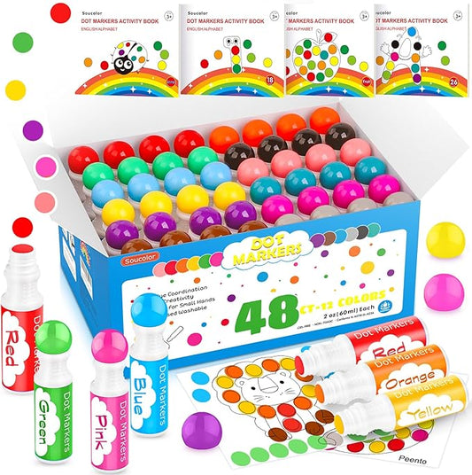 Soucolor 48-Pack 12 Colors Washable Bingo Paint Daubers Markers for Toddlers Kids Preschool, Dot Markers Set with 4- Pack Tearable Activity Books for Toddler Arts and Crafts Kits Supplies
