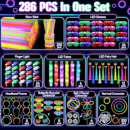 286PCS Glow in the Dark Party Supplies for Kids Adult, Light Up Party Favors with Light Up Glasses, Tubes, Hair Clips, Glow Sticks Bulk Party Pack DIY Glow Necklaces Bracelets Headband for Neon Party