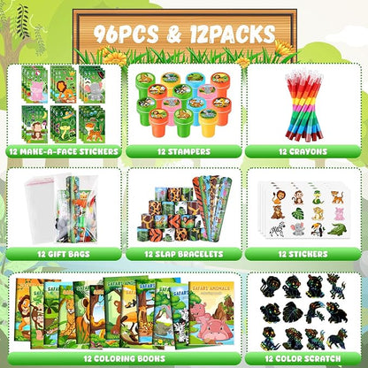 BenLouis 96Pcs Jungle Safari Party Favors Zoo Animals Coloring Books Crayons Sticker Stampers Slap Bracelets Set Bulk Classroom Prizes for Kids Wild One Party Baby Shower Goodie Bags Fillers