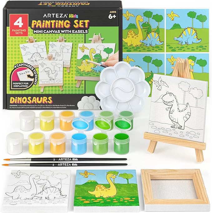 ARTEZA Kids Dinosaur Painting Kit, 4 Canvases 3 x 3 Inches, 4 Easels, 12 Acrylic Paints, 2 Paint Brushes, 1 Palette, Kids Activities for Ages 6 and Up