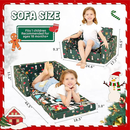 MallBest 2-in-1 Kids Christmas Sofa, Comfy Toddler Couch Bed, Baby's Upholstered Chair Sleepover Kid Couch Flipout Open Recliner for Bedroom