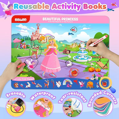 Search and Find Activity Books for Kids Ages 3-5, 2 In 1 Princess Preschool Educational Seek Game Coloring Books, Travel Games Toys for Car Airplane, Road Trip Activities for Kids, Birthday Gifts