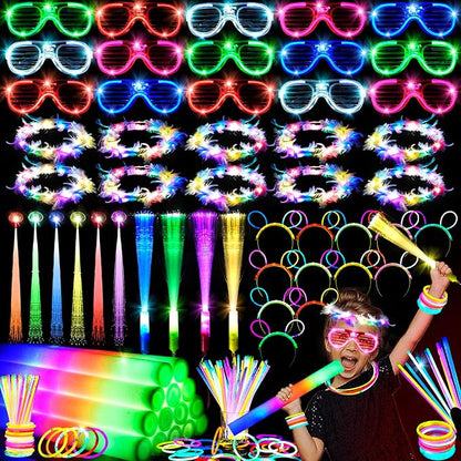 263 PCs Glow Party Supplies, 16 Foam Glow Sticks, 15 LED Glasses and 200 Glow Sticks ＆ Bracelets, 10 light up headband feather，12 Glow sticks headband，6 Fiber Optic Hair Light，4 Glow Fiber Optic Wands