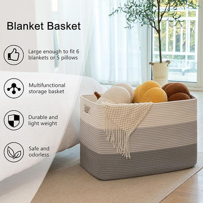 OIAHOMY 108L Super Large Blanket Basket, 25”x16”x16”(108L) Rectangle Woven Baskets for Storage, Cotton Rope Basket For Living Room, Toy Storage with Handle - Gradient Grey