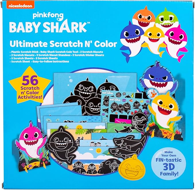 Horizon Group USA Baby Shark Ultimate Scratch ‘N Color Set, 56 Scratch Art Activities, Including Stickers, 3D Shapes & More, Scratch Art for Kids