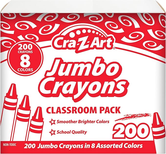 Cra-Z-Art Jumbo Crayon Bulk Class Pack 200ct 8 Assorted Colors, 25 Jumbo Crayons in Each Color, Back To School Supply List Essential, Bulk Pack for School Supply Rooms and In Class For Teachers