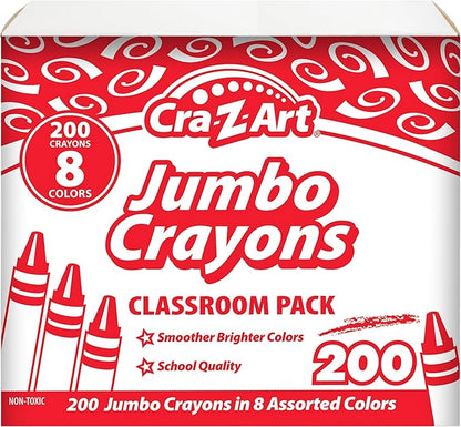 Cra-Z-Art Jumbo Crayon Bulk Class Pack 200ct 8 Assorted Colors, 25 Jumbo Crayons in Each Color, Back To School Supply List Essential, Bulk Pack for School Supply Rooms and In Class For Teachers