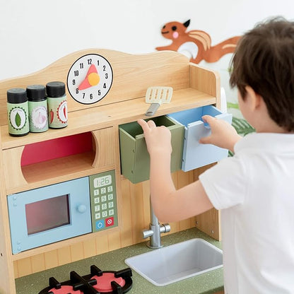 Teamson Kids Little Chef Florence Classic Interactive Wooden Play Kitchen with Accessories and Storage Space for Easy Clean Up, Wood Grain with Red and Yellow Accents