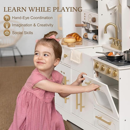 ROBOTIME Wooden Play Kitchen for Toddlers and Kids, Toy Kitchen Set with Ice Maker and Coffee Machine, Realistic Toddler Kitchen Set, Gift for Girls Boys Ages 3+ White