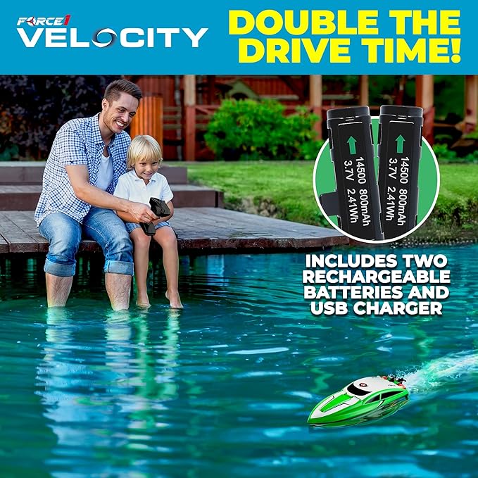 Force1 Velocity Green Fast RC Boat- Remote Control Boats for Adults and Kids, Underwater Speed Racing Mini RC Toy for Pools and Lakes, 2.4GHZ Transmitter, 2 Rechargeable Batteries, Low Battery Alert