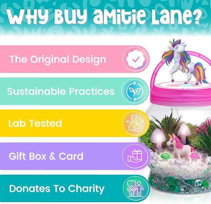 Amitié Lane Light-Up Unicorn Terrarium Kit for Kids - Birthday Gifts for Girls - Creative Unicorn Toys & Craft Kits Presents - Arts & Crafts Fun for Little Girls Age 4 5 6 7, 8-12 Year Old Girl Gift