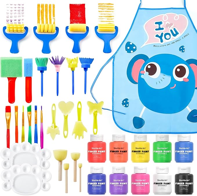 Kids Washable Finger Paints Set, Shuttle Art 33 Pack Non Toxic Kids Painting Set with 10 Colours (60ml) Finger Paints, Paint Pad, Sponge Paint Brushes, Eco Natural for Children and Toddler