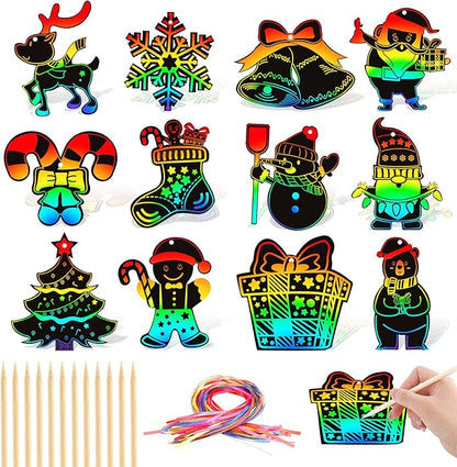 FEBSNOW Christmas Crafts for Kids, Magic Rainbow Christmas Scratch Art Paper Cards Christmas Tree Hanging Ornaments Christmas Gifts for Kids Holiday Party Favors Games (Christmas)