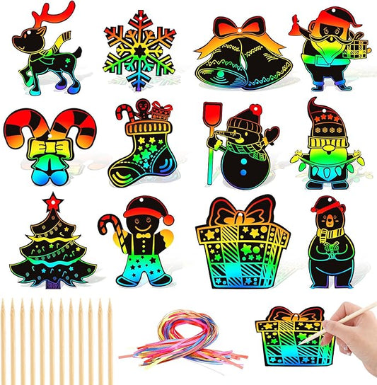 FEBSNOW Christmas Crafts for Kids, Magic Rainbow Christmas Scratch Art Paper Cards Christmas Tree Hanging Ornaments Christmas Gifts for Kids Holiday Party Favors Games (Christmas)