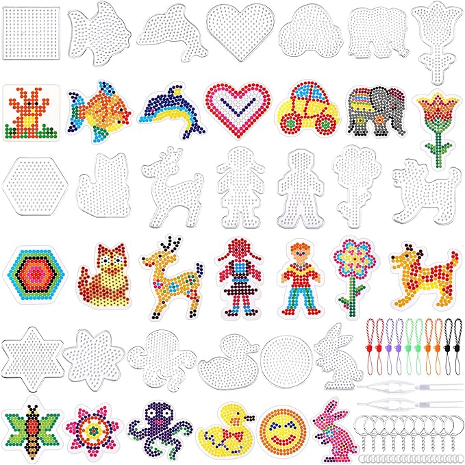20 Pieces 5mm Fuse Beads Pegboards Clear Animal Shape Plastic Pegboards Craft Tray with 20 Pieces Colorful Cards for Kids DIY Craft Beads