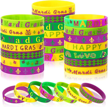 JUNEBRUSHS Mardi Gras Party Favors, 42Pcs Mardi Gras Silicone Rubber Wristbands Bracelets for Mardi Gras Carnival Birthday Party Supplies Decorations Goodie Bag Stuff Fillers