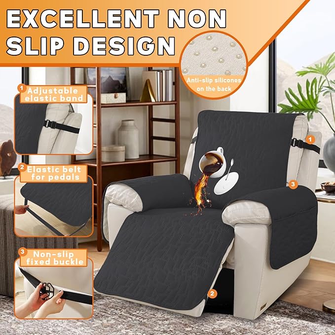 XINEAGE 100% Waterproof Recliner Chair Covers with Elastic Straps, Nonslip Reclining Couch Covers Washable Recliner Couch Cover with Pockets Furniture Protector for Pets Dogs (Black, 23")