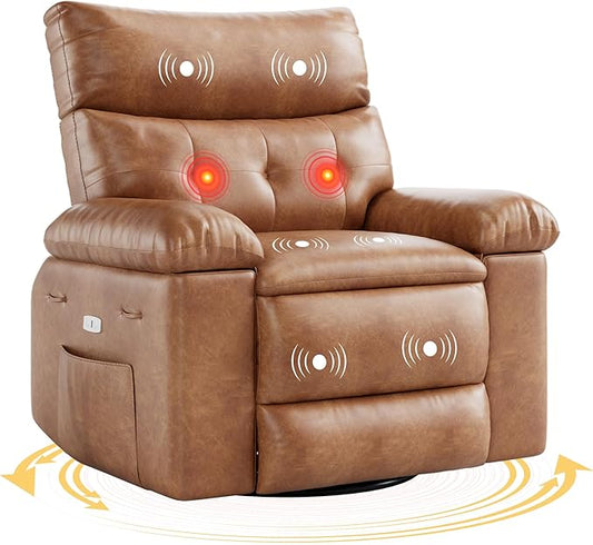 Oversized Electric Recliner Chair - 360° Rocker Swivel Recliner with Heat and Massage, PU Leather Large Power Recliner for Adults, Comfortable Lazy Chair with 1.5X Sponge Filling