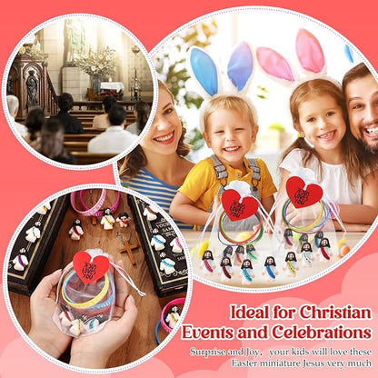 Bememo 150 Pcs Jesus Toys 50 Jesus Loves You Rubber Bracelets 50 Mini Jesus Figures 50 Organza Bag and Card Jesus Wristbands Bracelets for Sunday School Church Hide Game Religious Gift