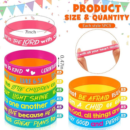 Gueevin 60 Pcs Bible Verse Bracelets for Kids Christian Scripture Bracelets Jesus Wristband Religious Motivational Bracelets Kids Sunday School Gifts Classroom Prizes(Classic Color)