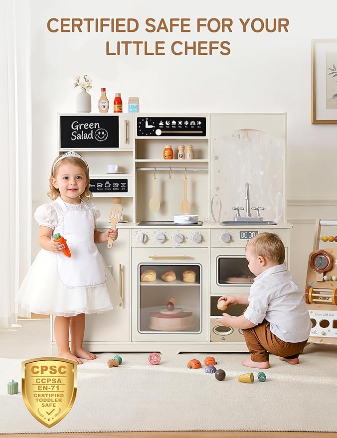besrey Play Kitchen for Kids, Wooden Kids Play Kitchen Playset with Real Lights & Sounds, Toddler Toy Kitchen with Fun Cookware Accessories, Pretend Play Kitchen Gift for Age 3+