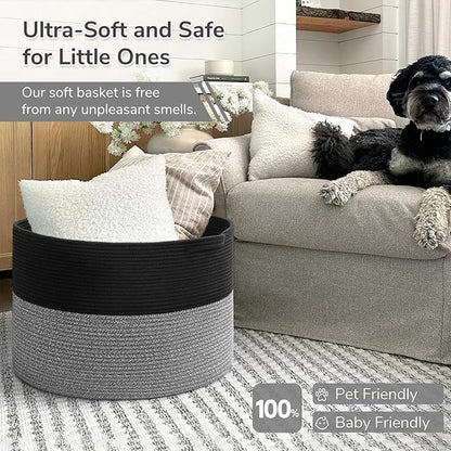 INDRESSME XXXLarge Cotton Rope Basket Woven Baby Laundry Baskets Blanket Baskets Toy Basket with Handle Comforter Cushions Storage Bin Thread Laundry Hamper - 21.7" x 21.7" x 13.8"