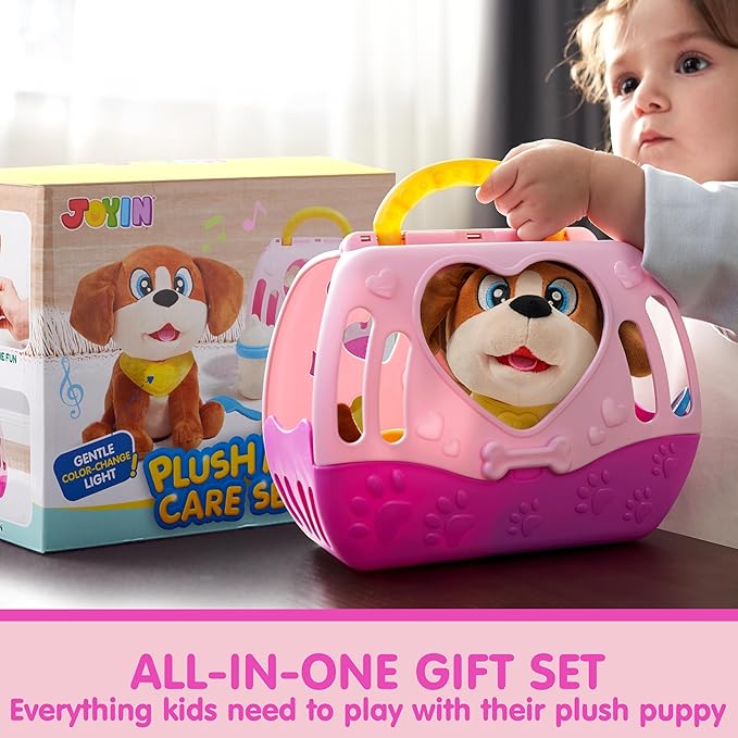 JOYIN Toy Dog for Toddlers, Play Puppy Toy with Carrier & Accessories, Plush Dog with Interactive Button, Lights & Sounds, Pet Care Set for Kids 1 2 3 4 Years Old, Birthday Gifts for Girls