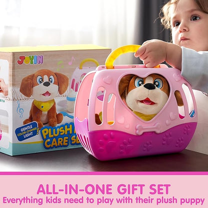 JOYIN Toy Dog for Toddlers, Play Puppy Toy with Carrier & Accessories, Plush Dog with Interactive Button, Lights & Sounds, Pet Care Set for Kids 1 2 3 4 Years Old, Birthday Gifts for Girls