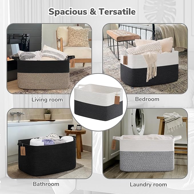 Goodpick Woven Storage Baskets for Organizing 22”x17”x12” Large Blanket Basket for Living Room Bedroom, Rectangle Toy Baskets Storage Kids with Handles, Dark Gray
