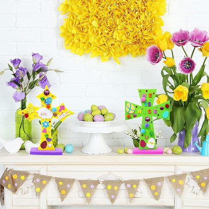 18 Sets Easter Cross Decorations DIY Craft Kits Assorted Foam Cutouts Egg Bunny Chick Stickers Pom-poms for Kids Classroom Sunday School VBS Activity Art Project