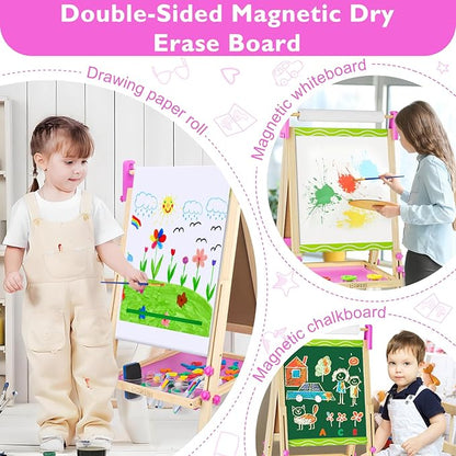Doselie Easel for Kids,Adjustable Wooden Kids Art Easel with Paper Roll,Double-Sided Magnetic Toddler Easels,Dry Erase Whiteboard and Chalk Board,Toys for 3 4 5 6 7 8 9 10 Year Old Girl Boy Gift