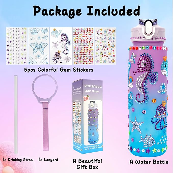 Valentines Day Gifts for Girls, Decorate Your Own Water Bottle Kits for Girls 4-12, Girls Water Bottle, Gem Stickers DIY Arts and Crafts Kits Supplies for Girls, Birthday Easter Gifts for Girls