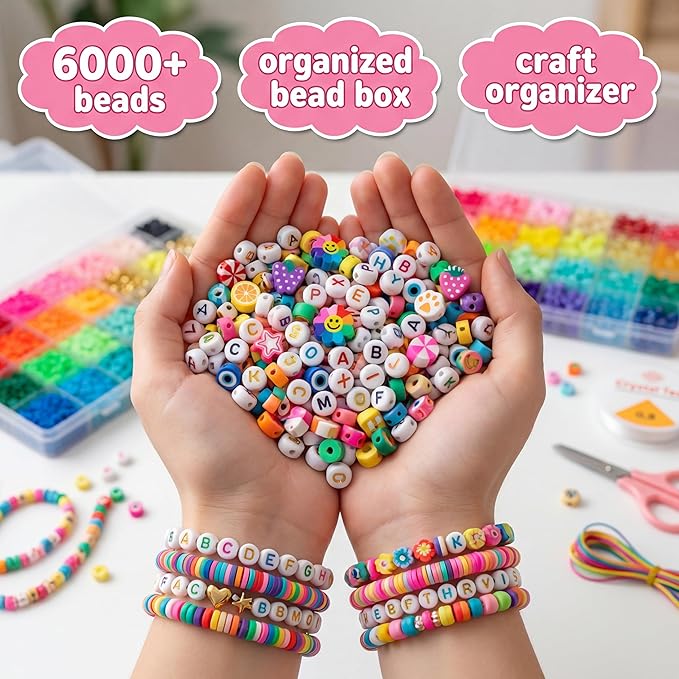 Jewelry Making Bead Kit, 6000 PCS Polymer Clay & Pony Beads, 24 Colors, 4 Letter Bead Styles, More Charms, Organizer Box, Bracelet Kit, Gift for Friends