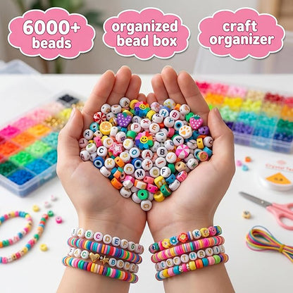 Jewelry Making Bead Kit, 6000 PCS Polymer Clay & Pony Beads, 24 Colors, 4 Letter Bead Styles, More Charms, Organizer Box, Bracelet Kit, Gift for Friends