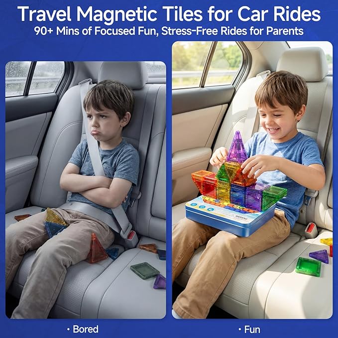 WMXDU 60 PCS Magnetic Tiles Travel Set for Kids, Portable Magnetic Building Blocks with Tin Box, Car Rides Airplane Road Trip Activities, Birthday Gift for Boys