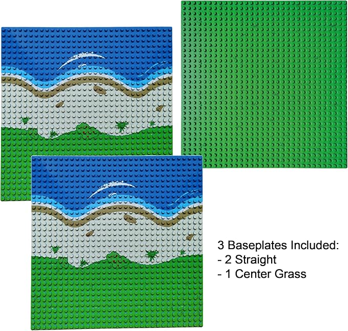 Apostrophe Games Island Building Block Base Plates Compatible with All Major Brands - 3 Pack Beach - 2 Straight & 1 Center Grass add-on to Expand Your Island - 10-1/16" x 10-1/16"Inches