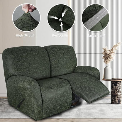 Leather Look Loveseat Recliner Covers Stay in Place 6-Piece Recliner Sofa Slipcover 2 Seater Reclining Couch Cover Spandex Fabric Washable (Recliner Loveseat, Green)