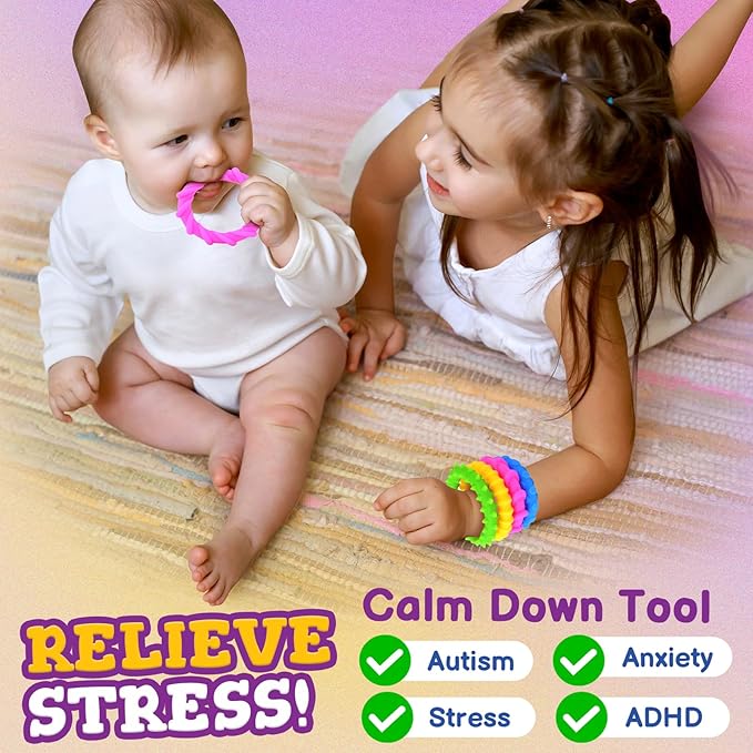 Sensory Fidget Toys Kids Toddlers - 4 Pack Chew Sensory Rubber Bracelet | Calming Autism Quiet Fidgets & Texture Anxiety Silent Toys for Classroom Prizes | Gifts Christmas Stocking Stuffers for Kids