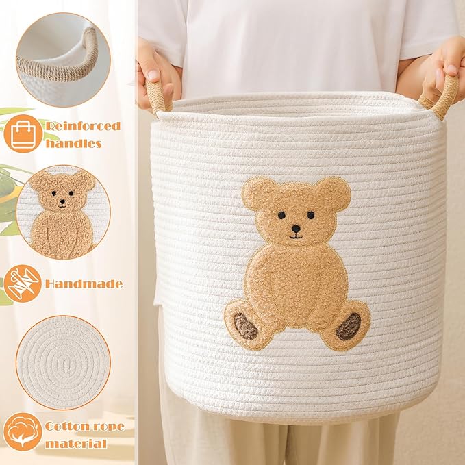 Large Blanket Baskets for Living Room, Teddy Bear Baskets Toy Storage Basket Woven Cotton Rope Basket for Kids, Toys Organizer Clothes Hamper with Embroidery, Teddy Bear Nursery Decor ( Large )