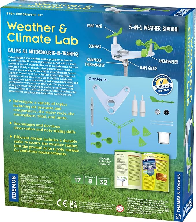 Thames & Kosmos Weather & Climate Lab STEM Experiment Kit, 5-in-1 Weather & Meteorology Station w/Wind Vane, Compass, Rain Gauge, Anemometer & Thermometer for Ages 6+, Includes Stake for Outdoor Use