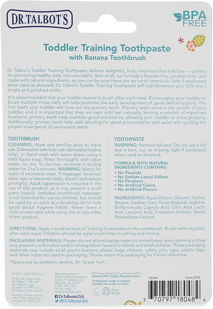 Dr. Talbot's Toddler Training Toothpaste Naturally Inspired with Citroganix, with Nuby Nananubs Banana Massaging Toothbrush, 1.6 Ounce, 6+ Months