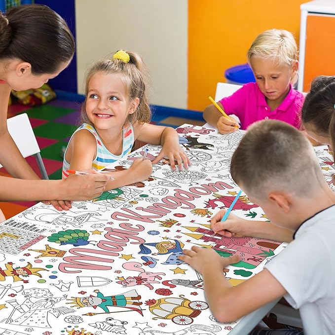 Magic Kingdom Giant Coloring Poster for Kids 30 x 72 Inch, Princess Large Coloring Poster Tablecloth, Fairy Themed Color-in Activities Games for Kids School Classroom Home Party Supplies Decorations