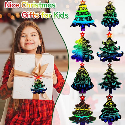 JULMELON 36 PCS Christmas Scratch Art, Christmas Crafts for Kids Magic Rainbow Scratch Paper Cards Christmas Tree Hanging Ornaments Decorations DIY Winter Holiday Party Favors