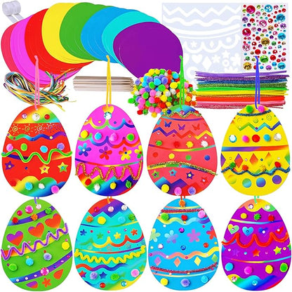 32 Sets Magic Color Scratch Art Easter Egg Ornaments Decorations DIY Easter Craft Kits Assorted Scratch Paper Egg Pom-poms Pipe Cleaners for Kids Party Favors Classroom Home Activity Art Project