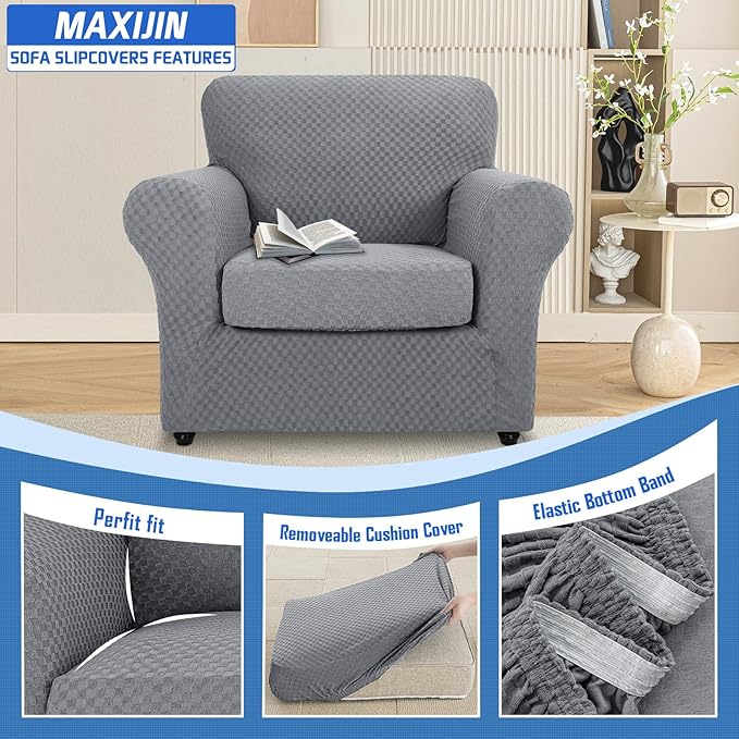 MAXIJIN 2 Piece Jacquard Chair Covers with Arms Super Stretch Non Slip Chair Slipcover for Living Room Dogs Pet Friendly Elastic Sofa Couch Protector Armchair Cover (Chair, Light Gray)