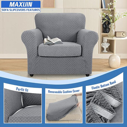 MAXIJIN 2 Piece Jacquard Chair Covers with Arms Super Stretch Non Slip Chair Slipcover for Living Room Dogs Pet Friendly Elastic Sofa Couch Protector Armchair Cover (Chair, Light Gray)