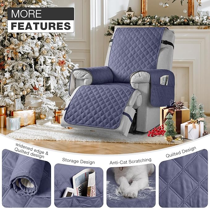 TAOCOCO Waterproof Recliner Chair Covers with Leg Strap 1 Piece Oversized Recliner Covers for Large Recliner for Pets Kids, Washable Reclining Chair Furniture Protector(28'' Oversized, Bluish Grey)